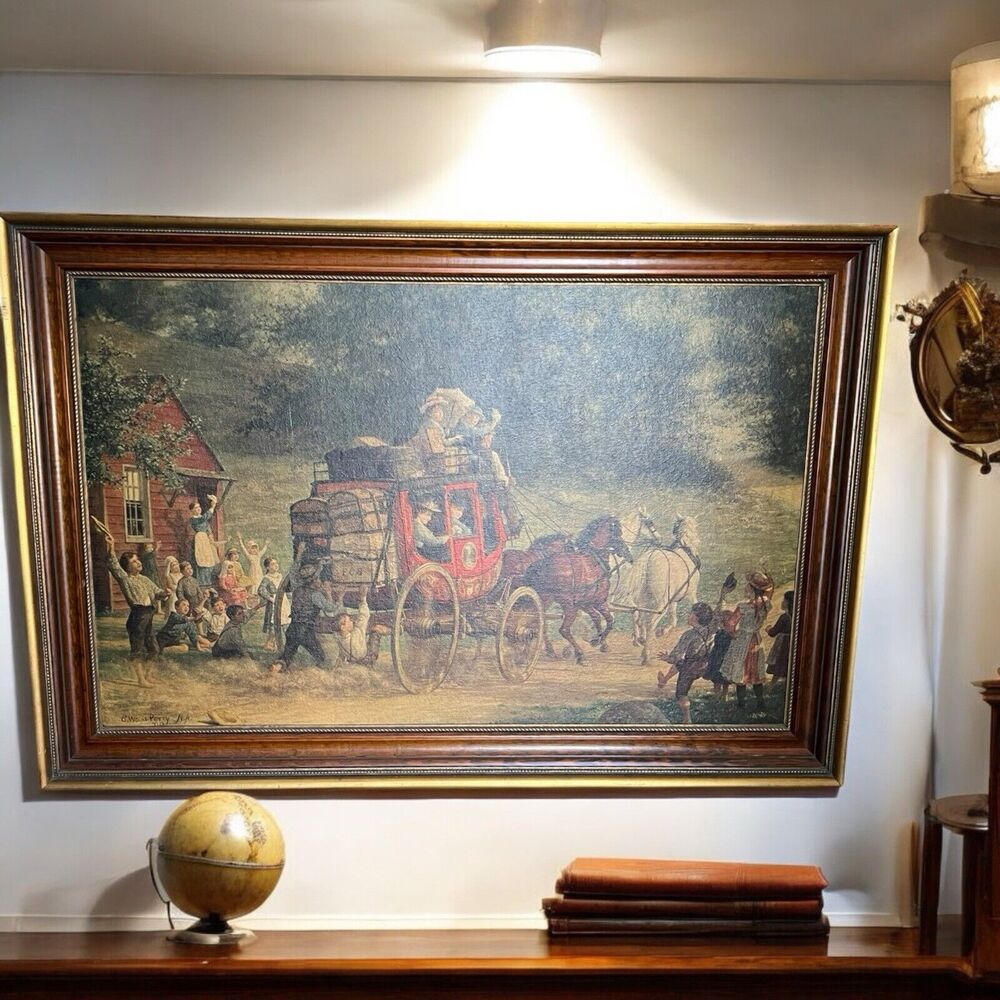 Vintage 1950s Perry’s The Pemigewasset Coach 1899 Painted Print 28" x 41" x 2" - Picture 5 of 9